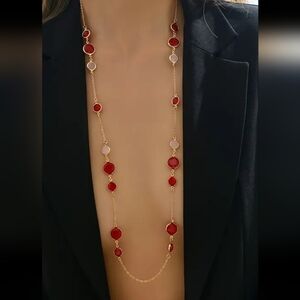 Ruby Garnet Red Faux Stone Gold Tone 37" Necklace